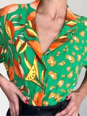 Tabitha Green Tropical Print Button-Down Shirt with Orange and Yellow Accents